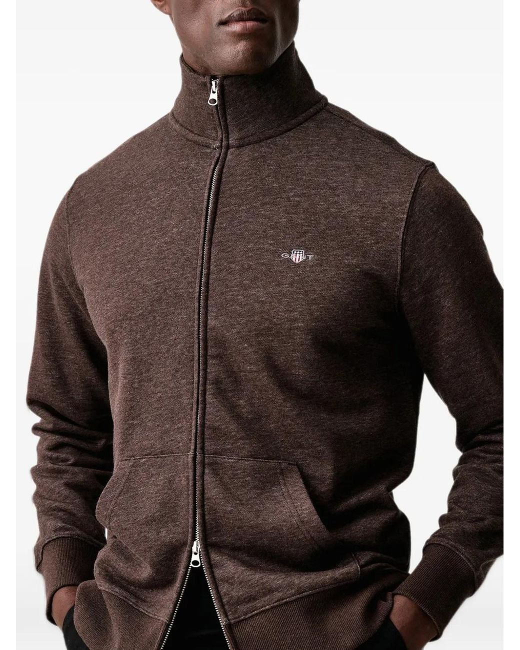 Gant Brown Logo-Embroidered Zip-Up Sweatshirt for men