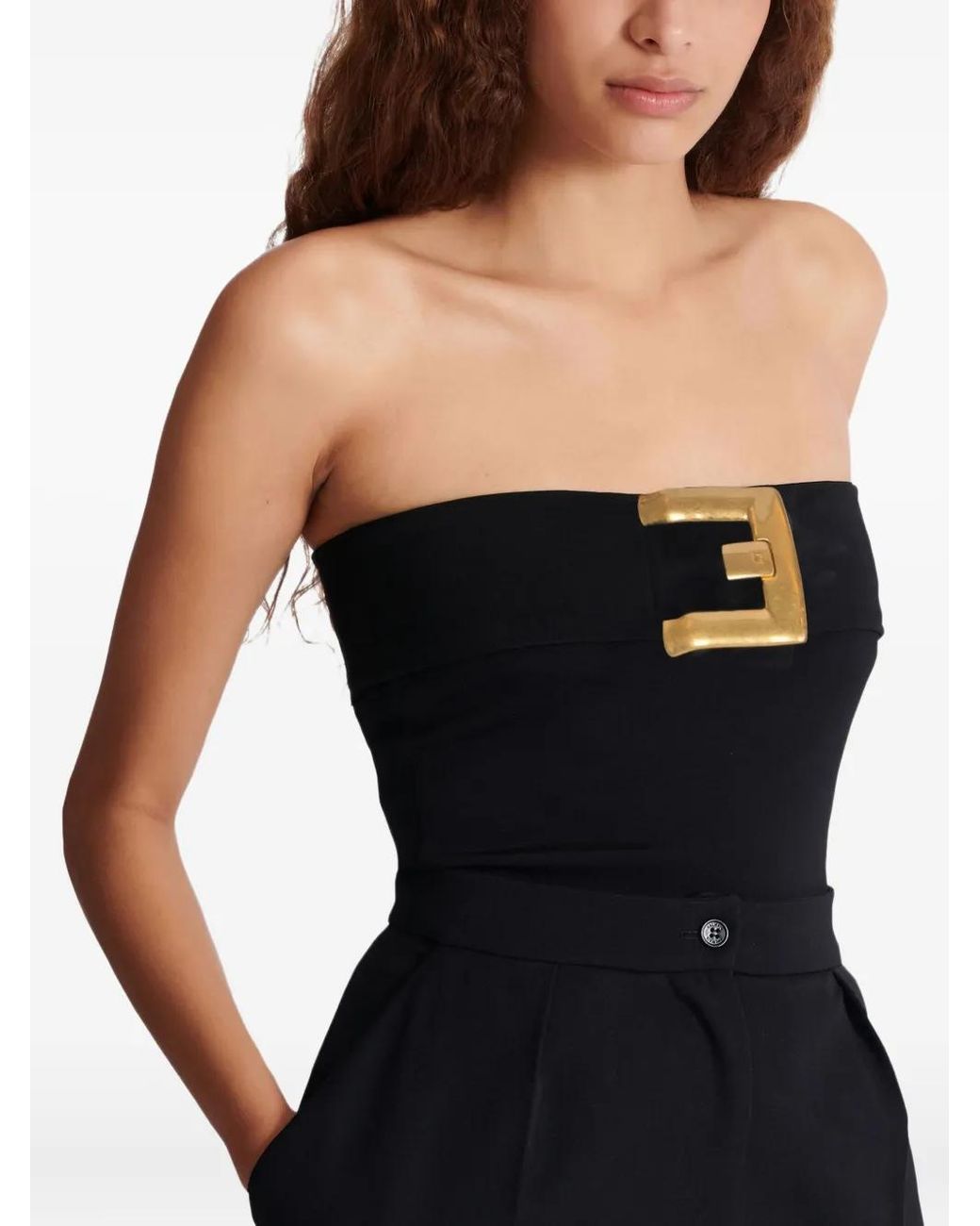 Balmain Black Buckle Crepe Belted Bodysuit