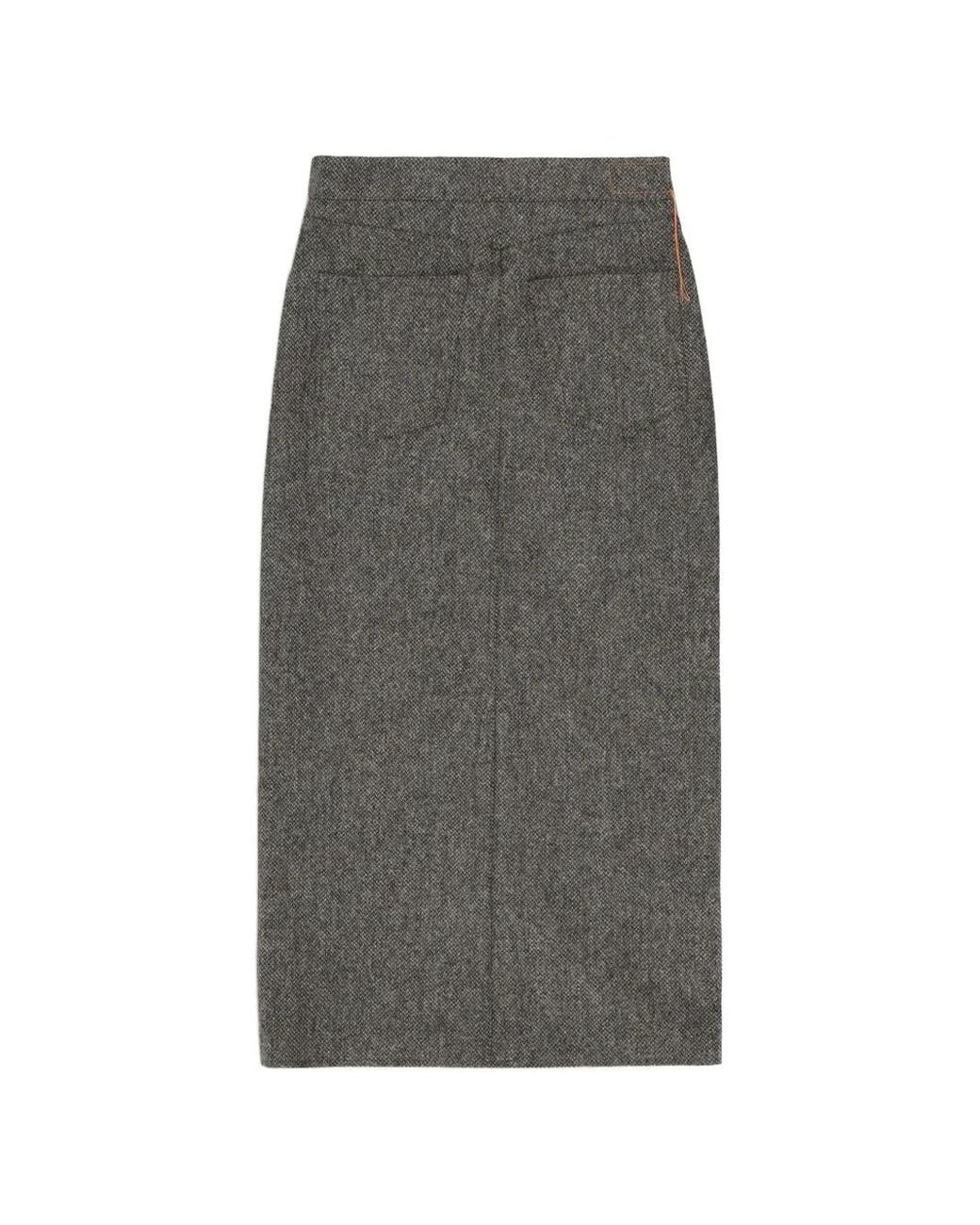 Fortela Gray Jasmine Herringbone Wool Midi Skirt