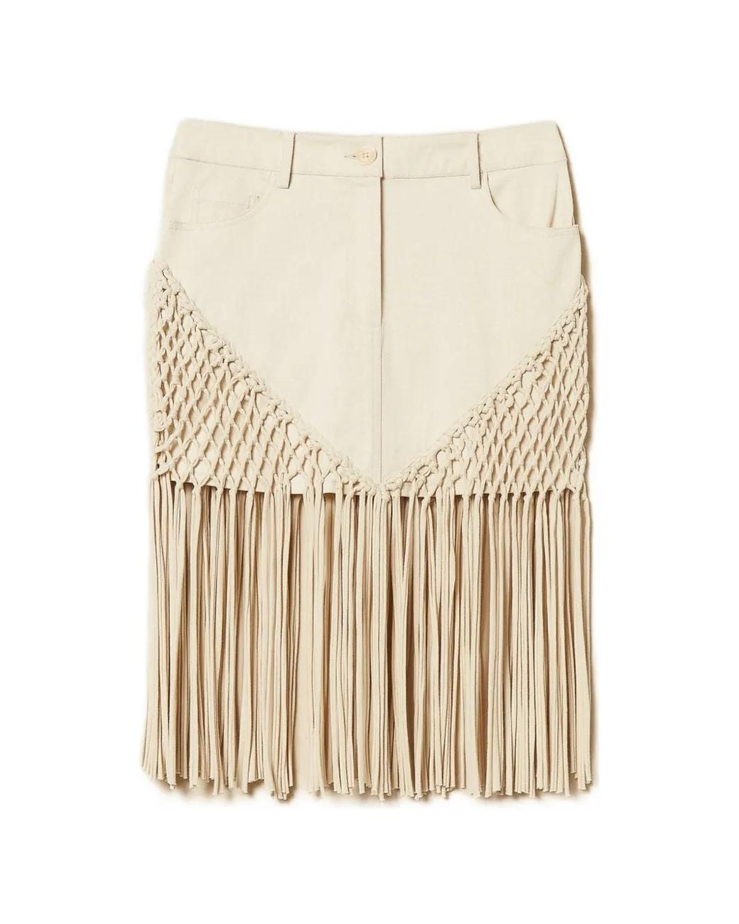 Twinset Natural Bull Denim Miniskirt With Fringes