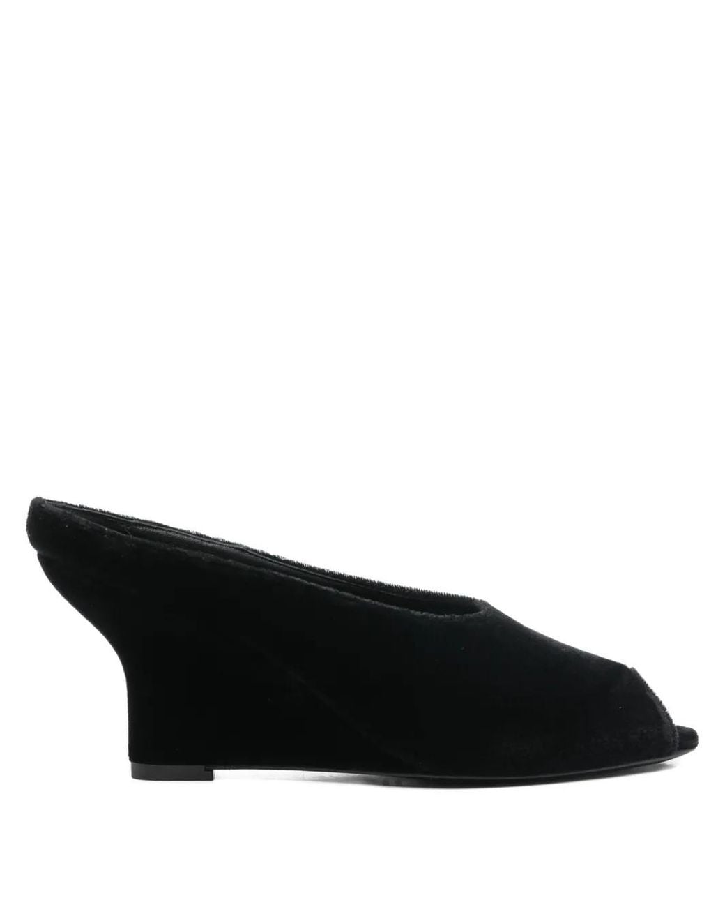 Totême Black Peep-Toe Velvet Wedge Mules