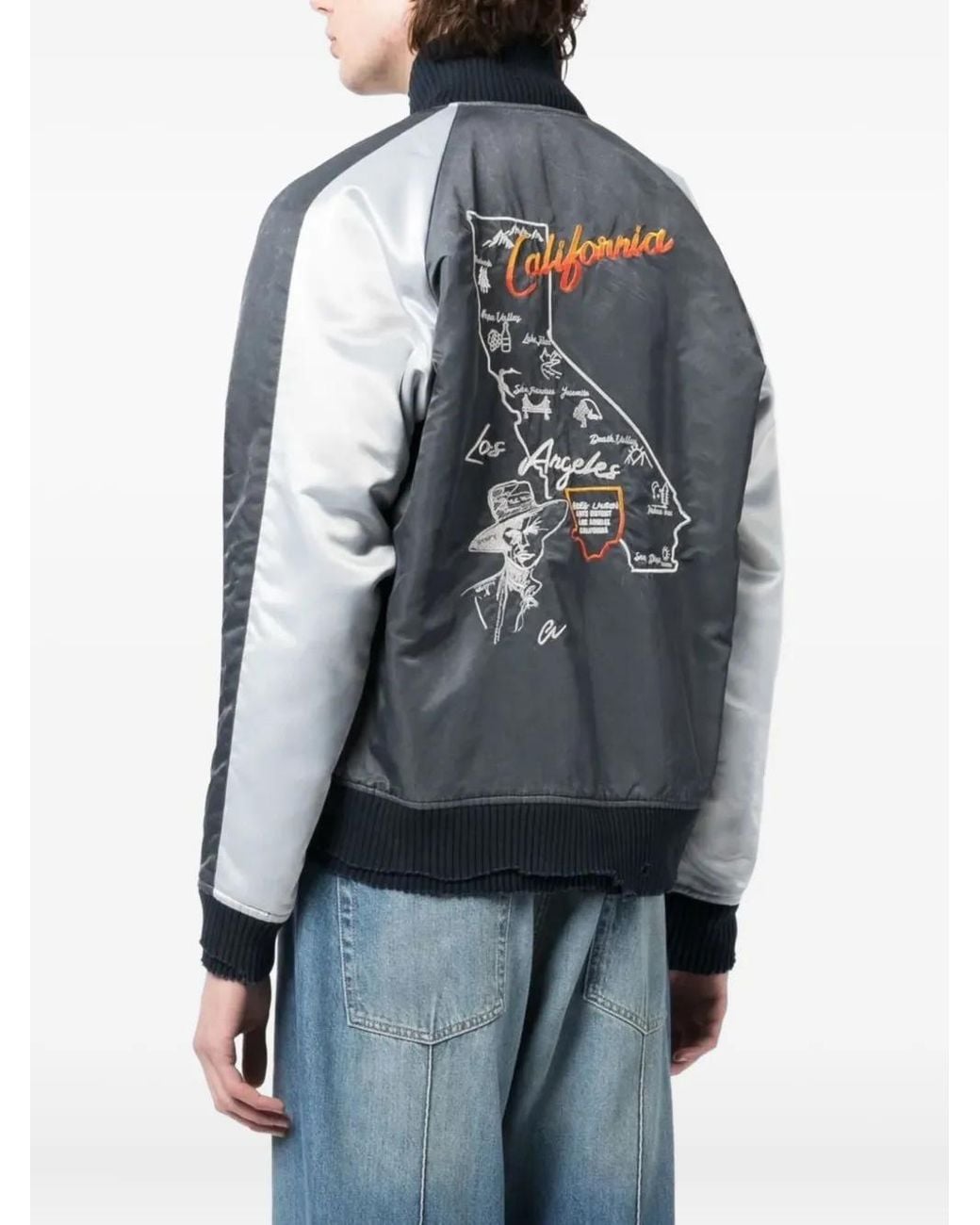 Greg Lauren Blue Embroidered Bomber Jacket for men