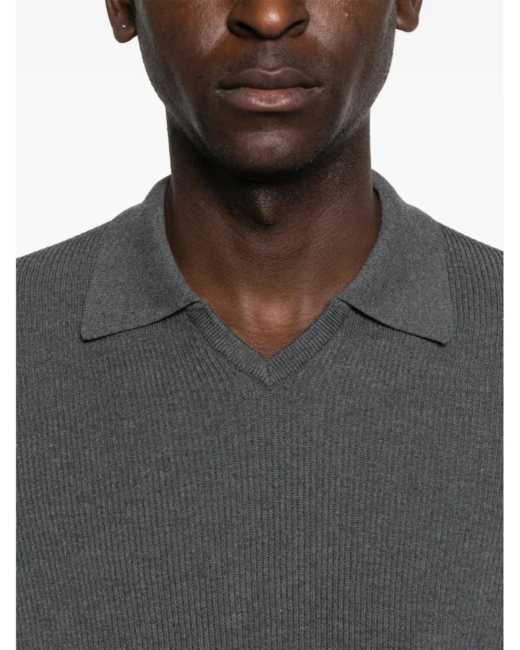 Brunello Cucinelli Black Cotton English Rib Knit Polo for men