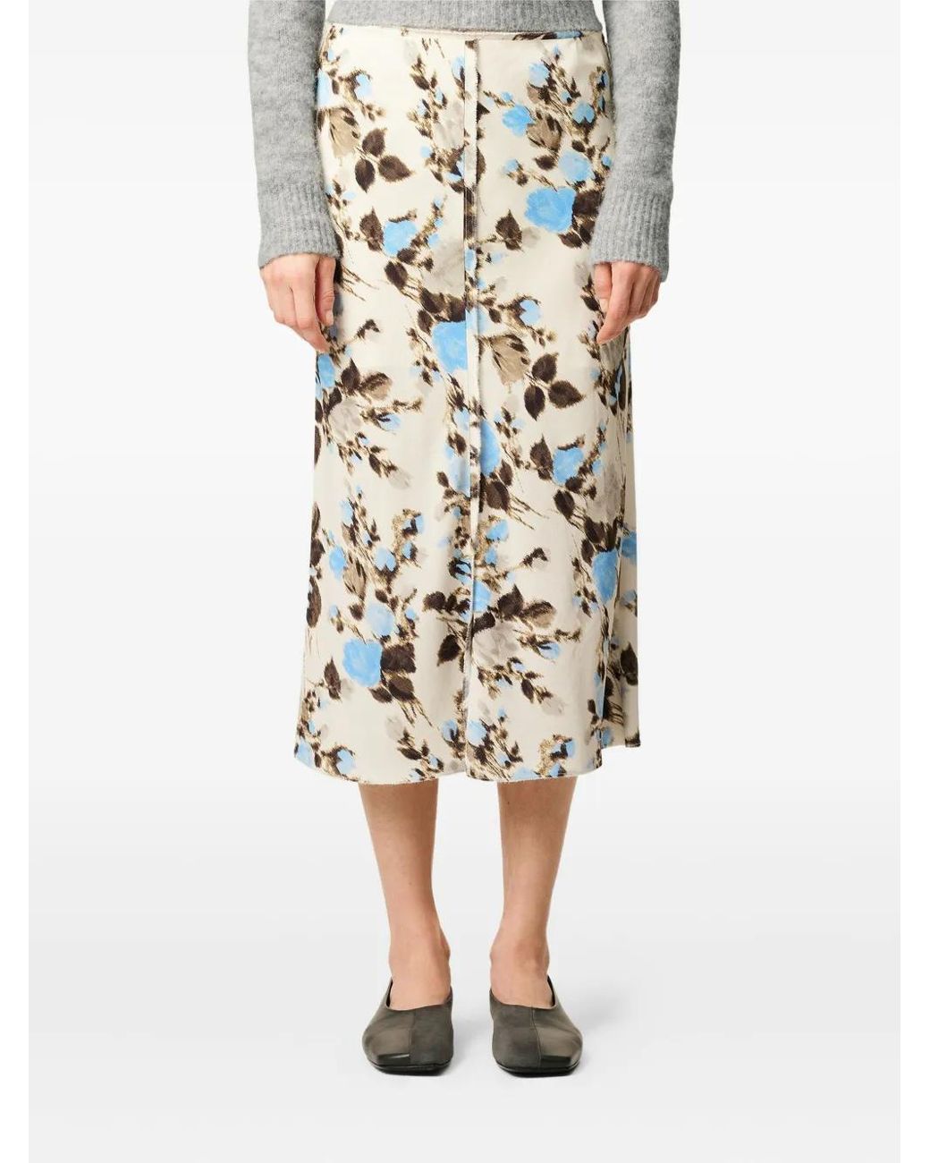 AMI White Floral-Print A-Line Midi Skirt