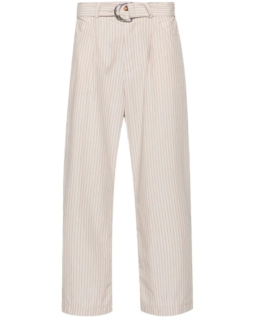 Nanushka White Ferre Pinstriped Belted Trousers for men