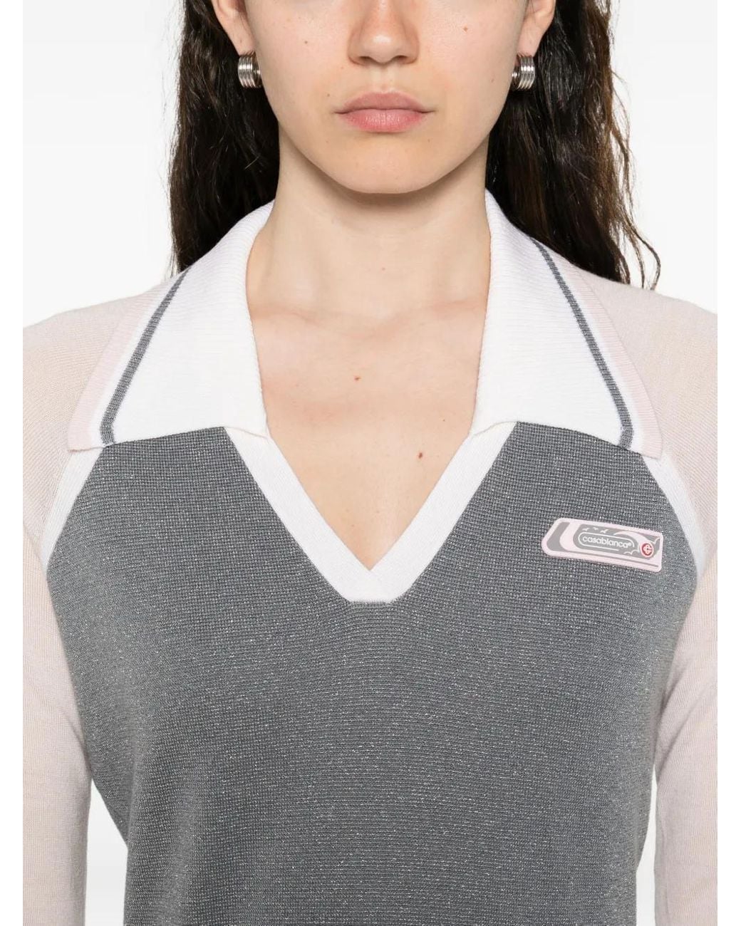 Casablanca Gray Merino Lurex Long-Sleeve Tennis Polo