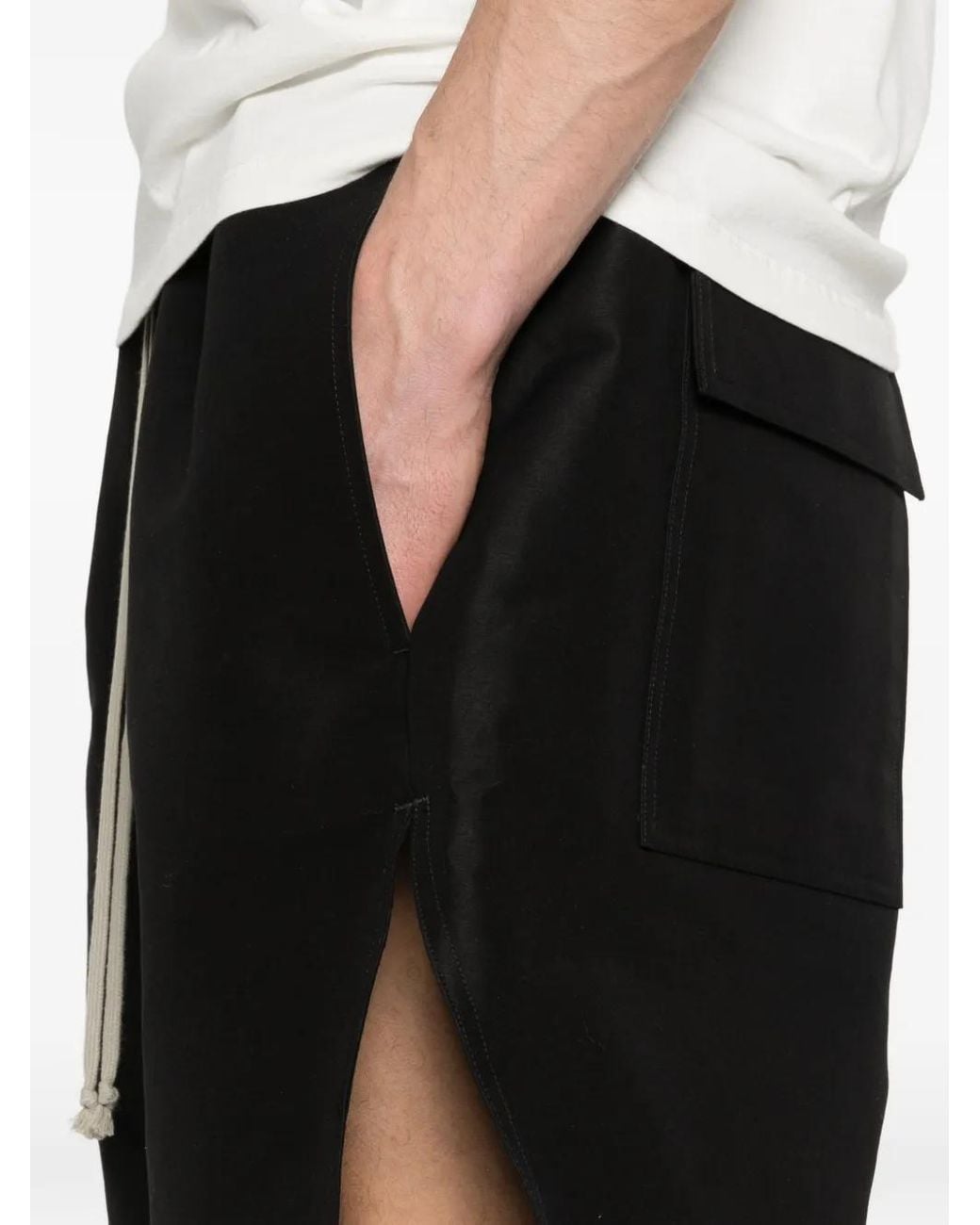 Rick Owens Black Stiff Drawstring Shorts With Slits for men