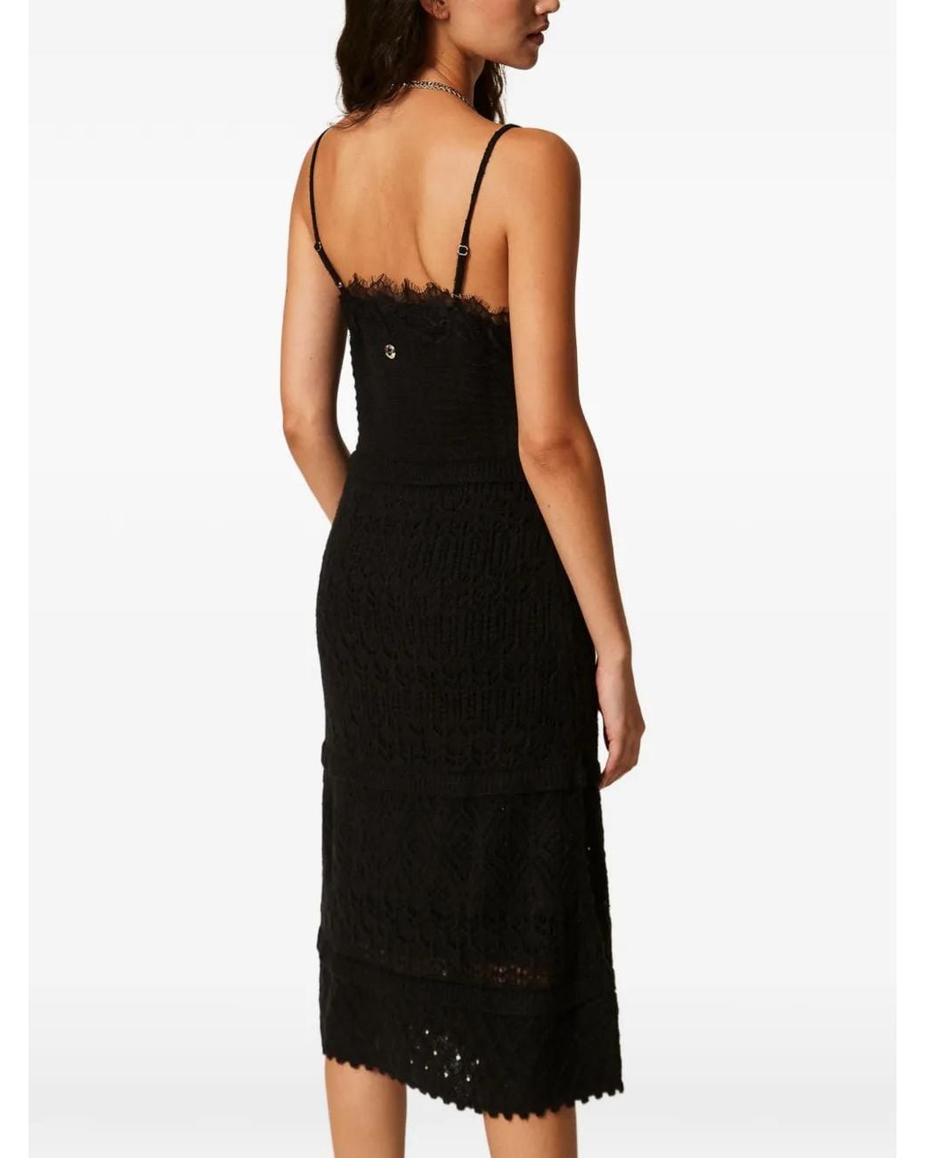 Twinset Black Recycled Yarn Long Knit Dress With Lace