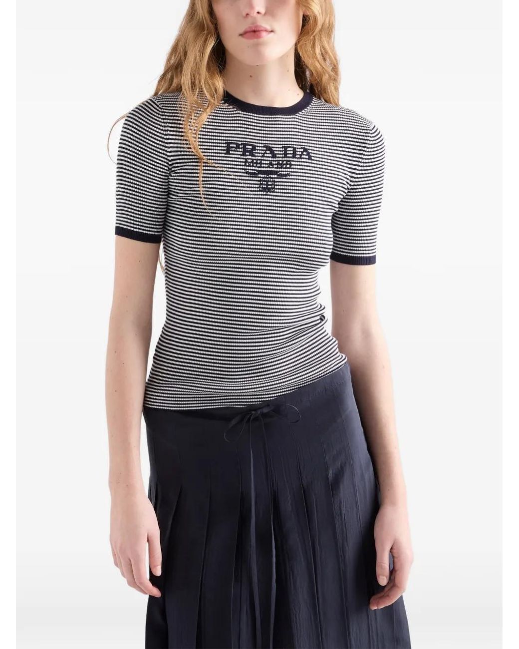 Prada Gray Striped Silk Crew-Neck Sweater