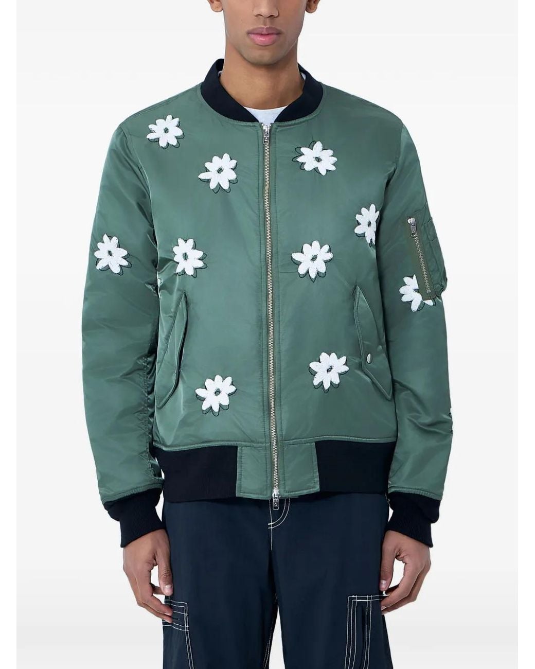 Nomarythm Textile Green Floral Embroidered Bomber Jacket for men