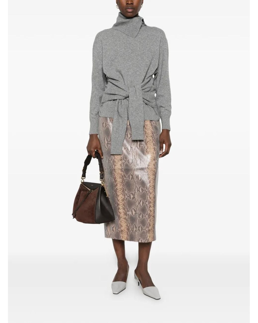 Lanvin Gray Knotted-Sleeve Button-Neck Sweater