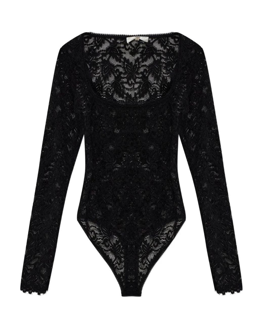 LoveShackFancy Black Jannie Lace Long-Sleeves Bodysuit