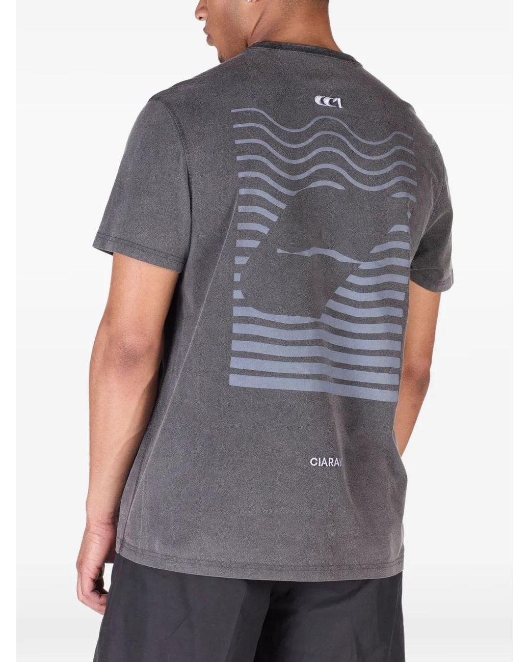 CIARAN Gray Washed-Effect Wave-Print T-Shirt