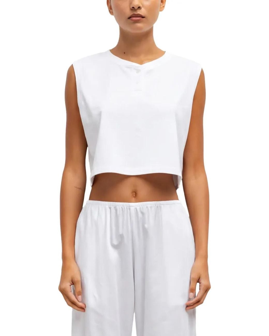 Leset White Margo Henley-Neck Cropped Top