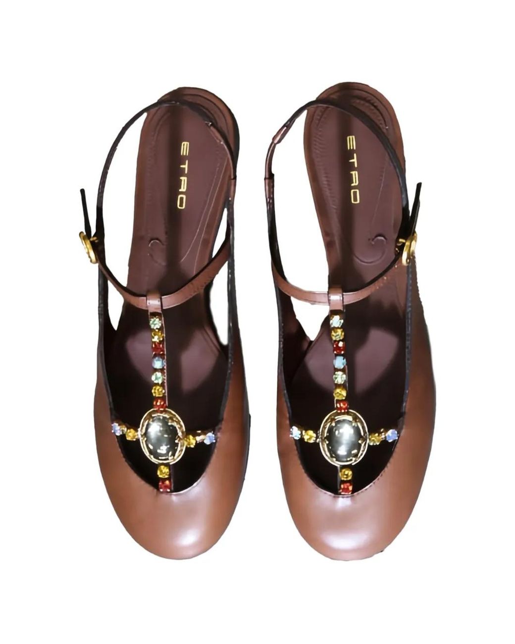 Etro Brown Embellished T-Bar Slingback Ballet Flats