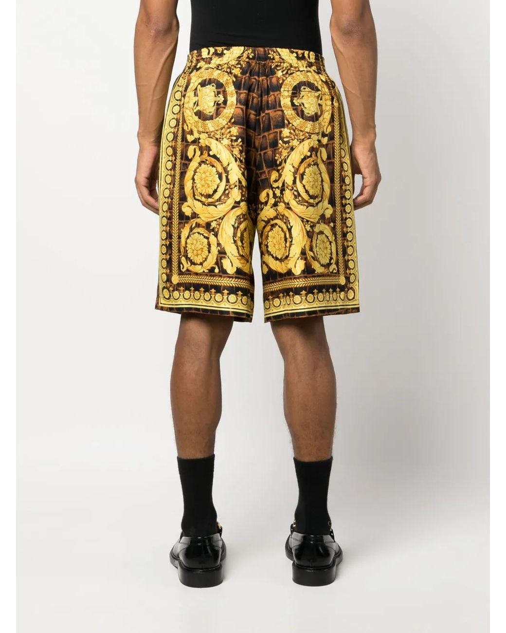 Versace Yellow Barocco-Print Silk Shorts With-Tone Accents for men