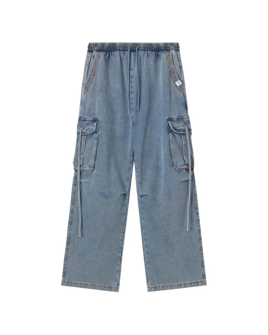 Mini Cream Blue Strap-Detail Cargo Jeans