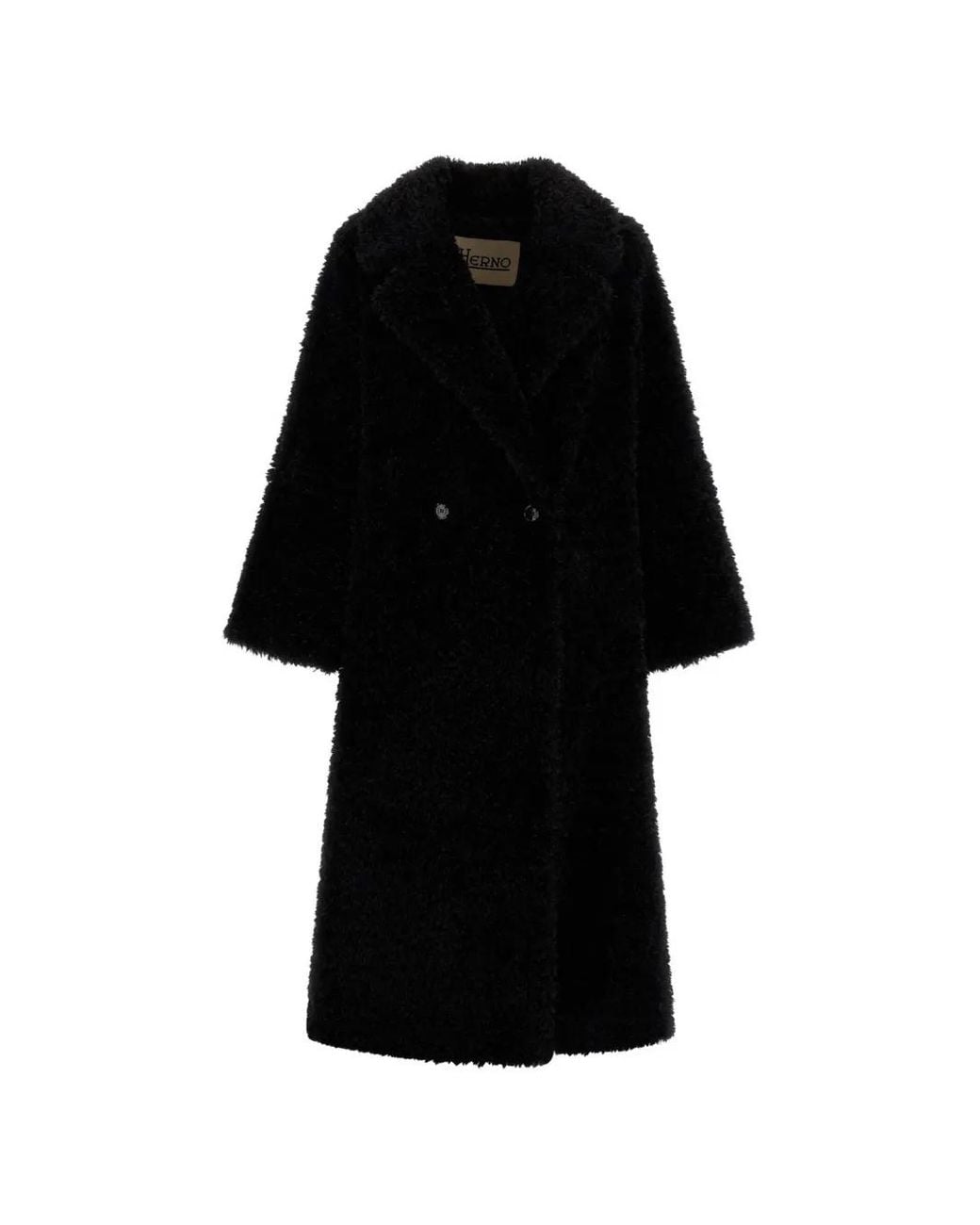 Herno Black Double-Breasted Faux-Fur Coat