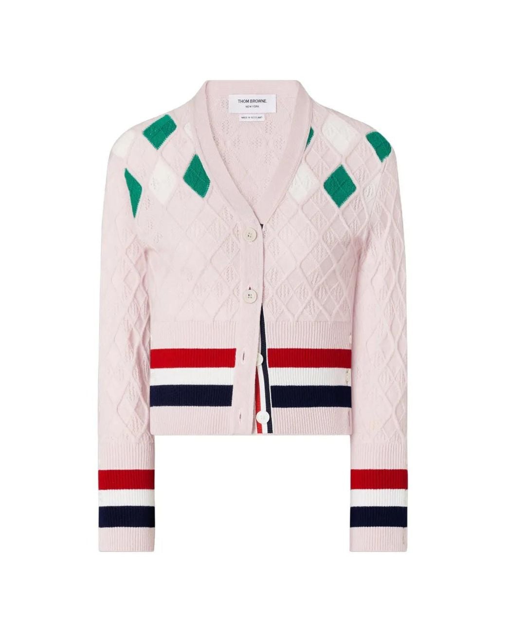 Thom Browne White Cashmere Intarsia Argyle Pointelle Shrunken Cardigan