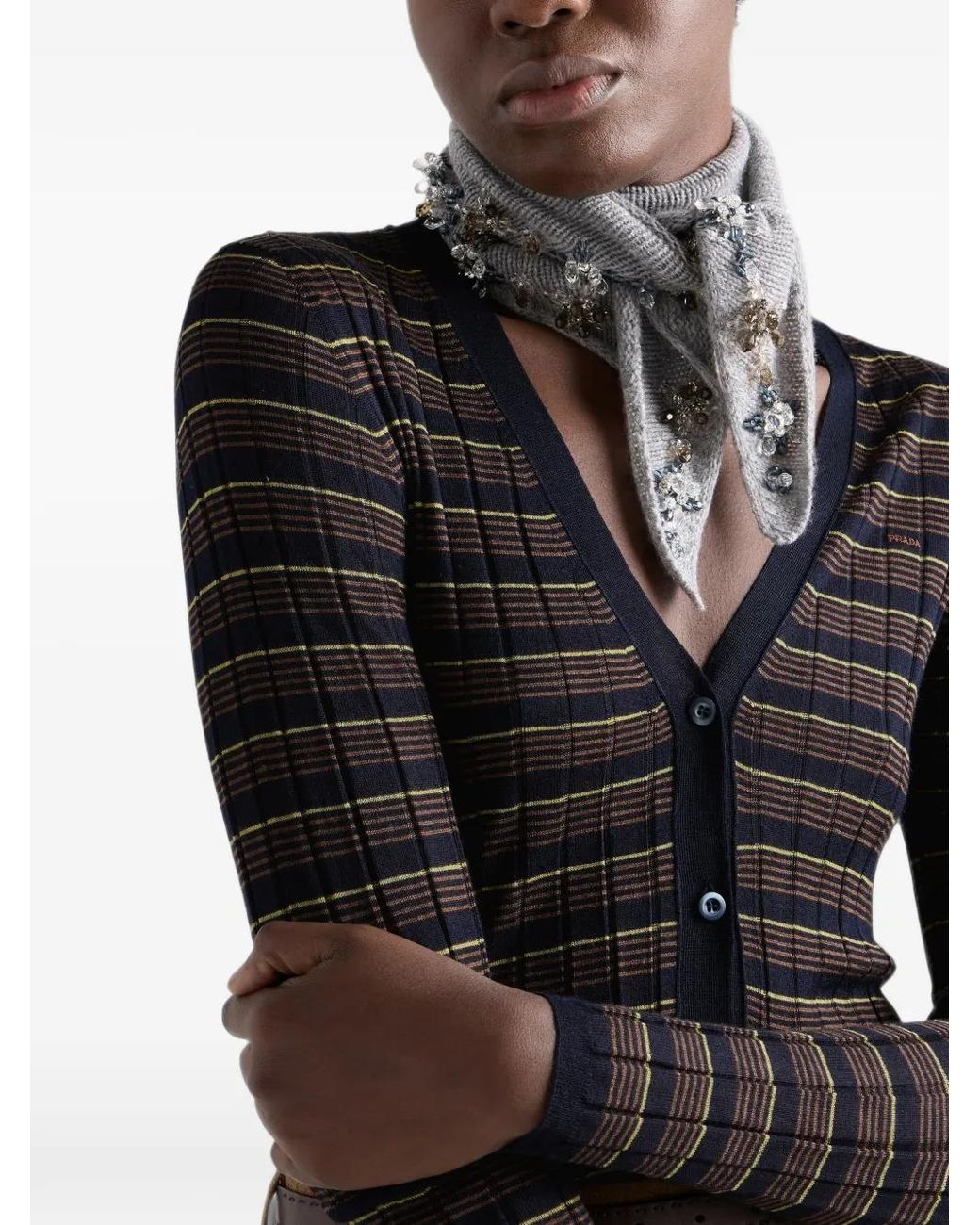 Prada Black Cardigan En Cachemire Et Soie À Rayures