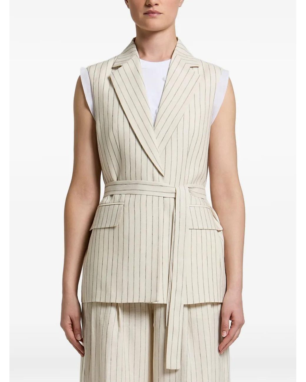 Peserico White Pinstripe-Pattern Belted Jacket