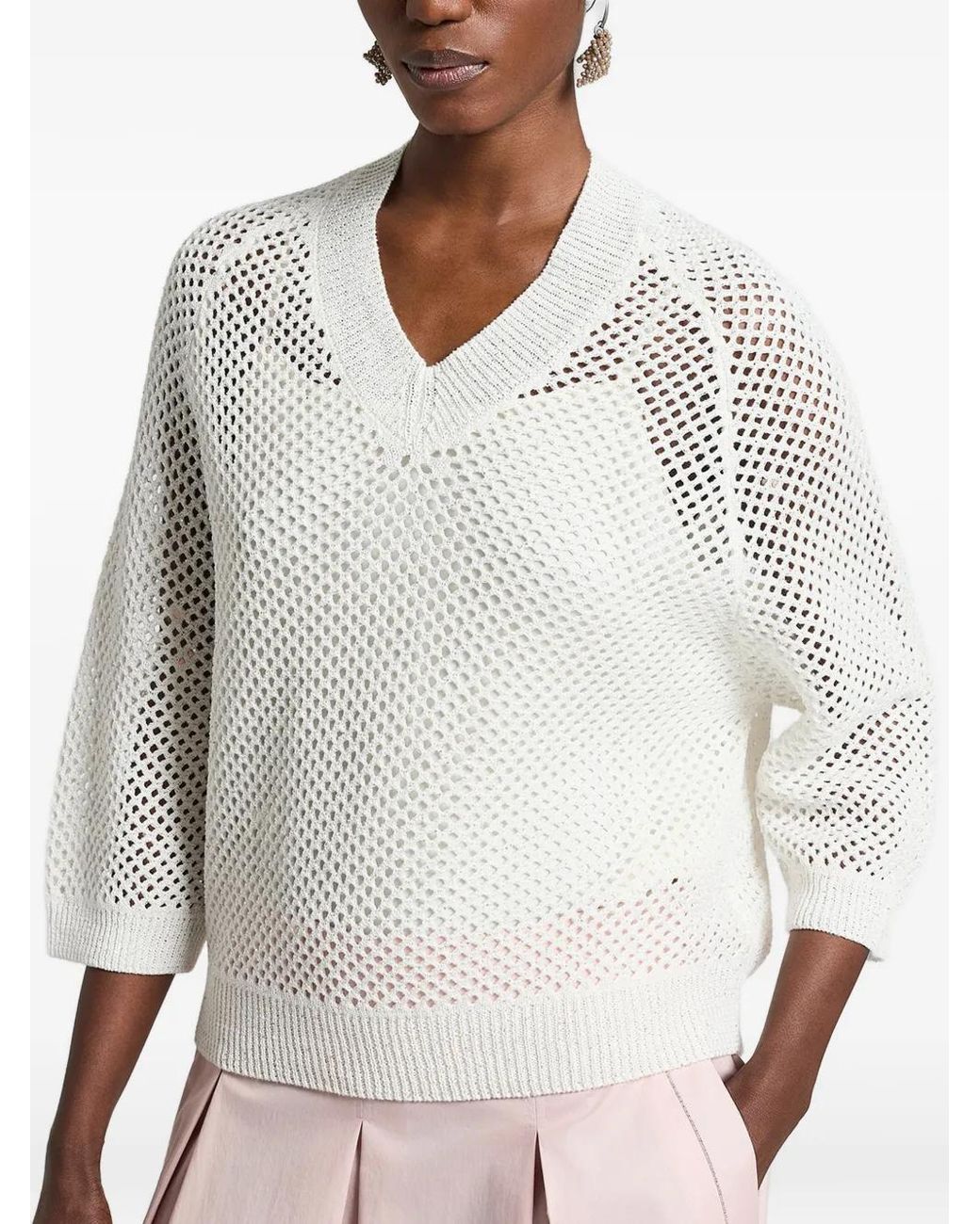 Peserico White Sequinnedv-Neck Open Sweater