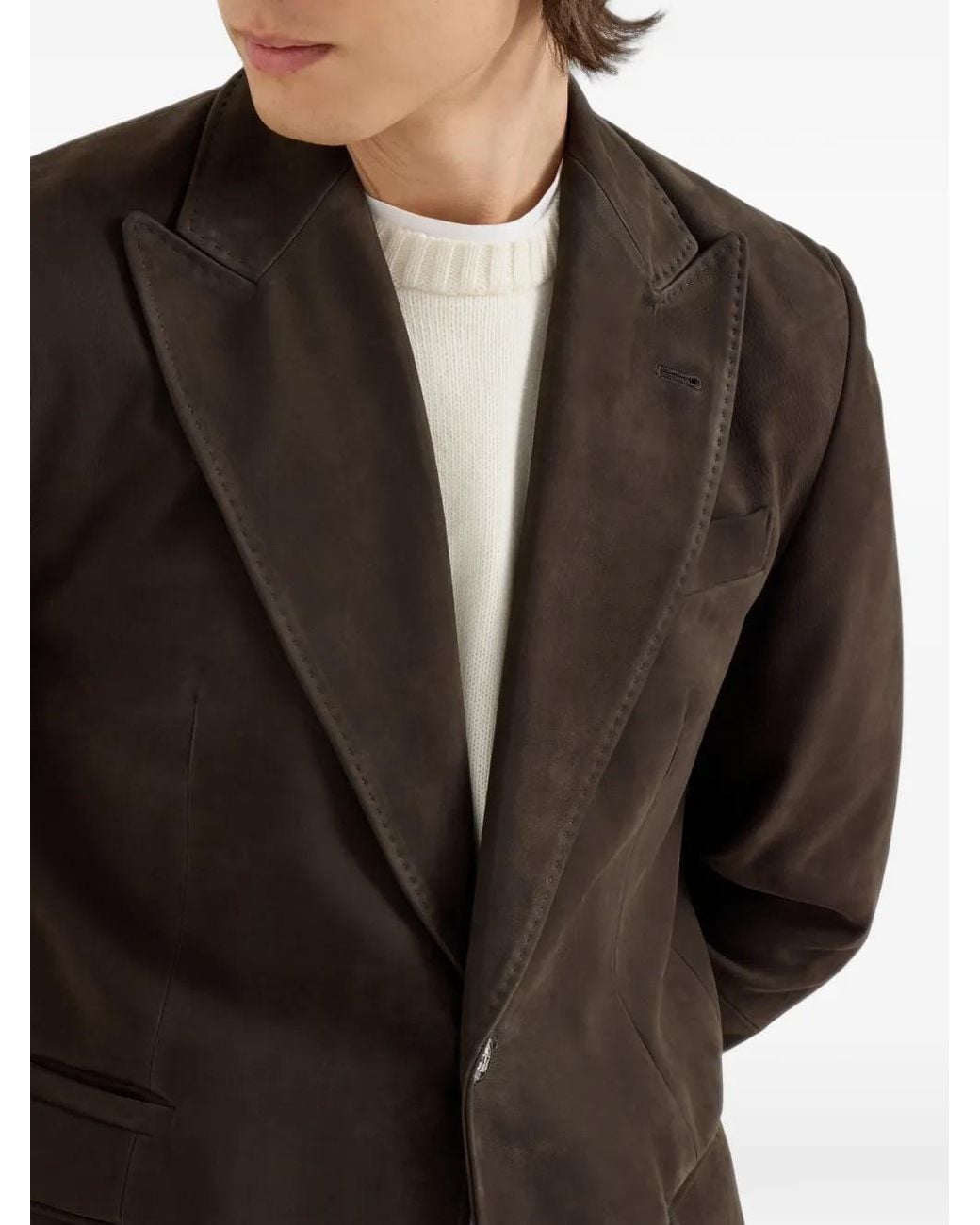 Brunello Cucinelli Brown Nubuck Blazer With Peak Lapels And Metal Buttons for men