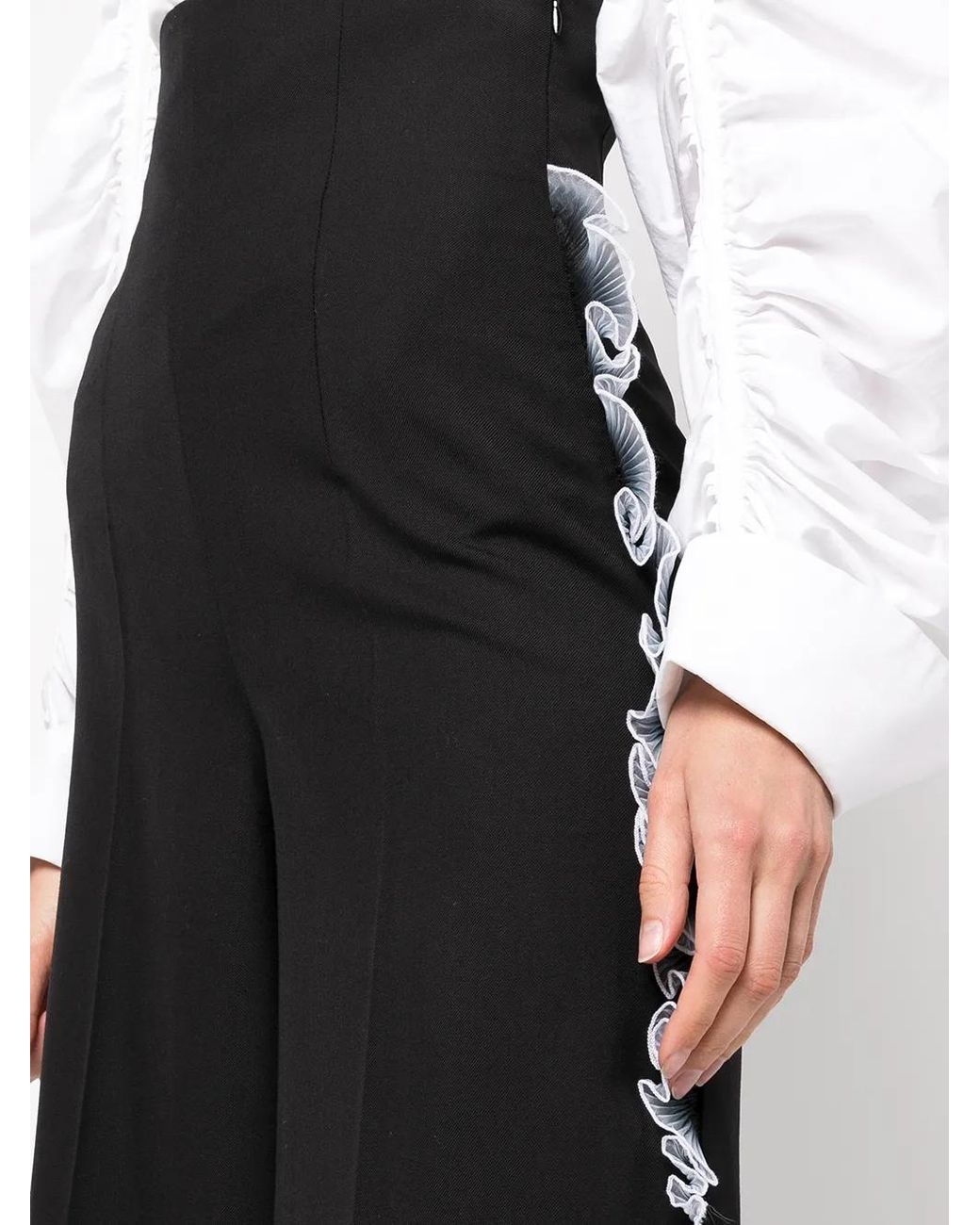 Rochas Black Ruffle Wide-Leg Tailored Trousers