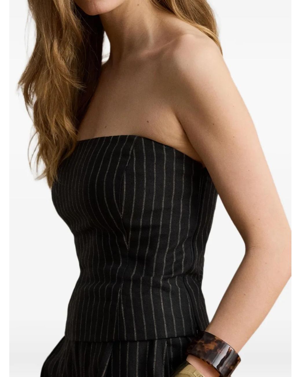 Ralph Lauren Black Chalk-Stripe Linen Strapless Top