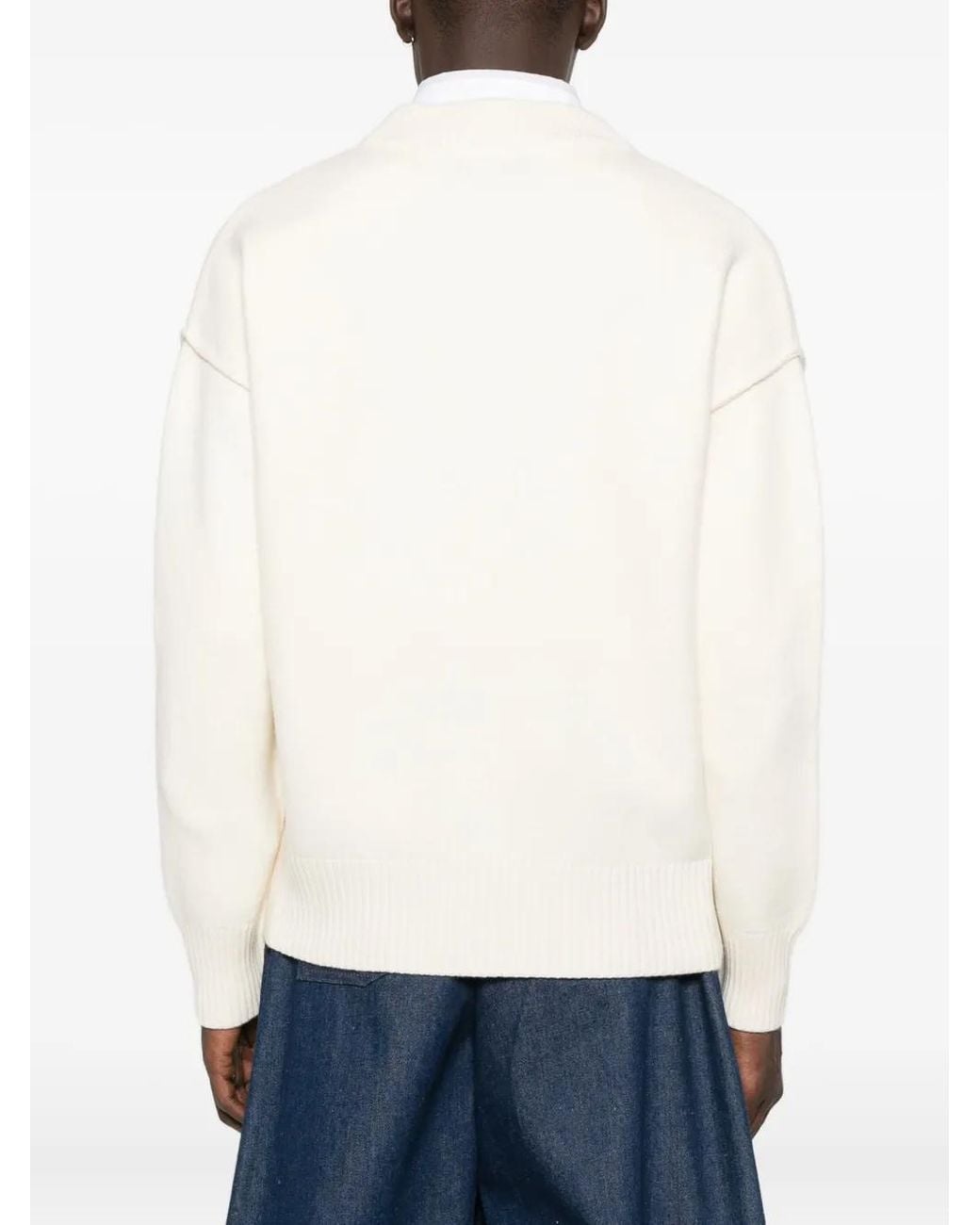 AMI Natural V Neck Cardigan With Contrasted Ami De Coeur
