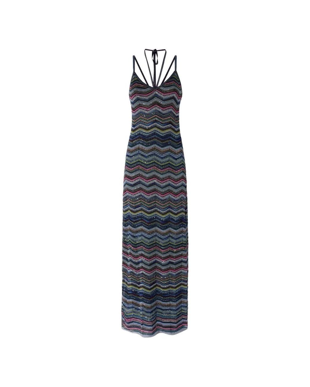 Missoni Blue Long Chevron Knit Dress With Braided Straps