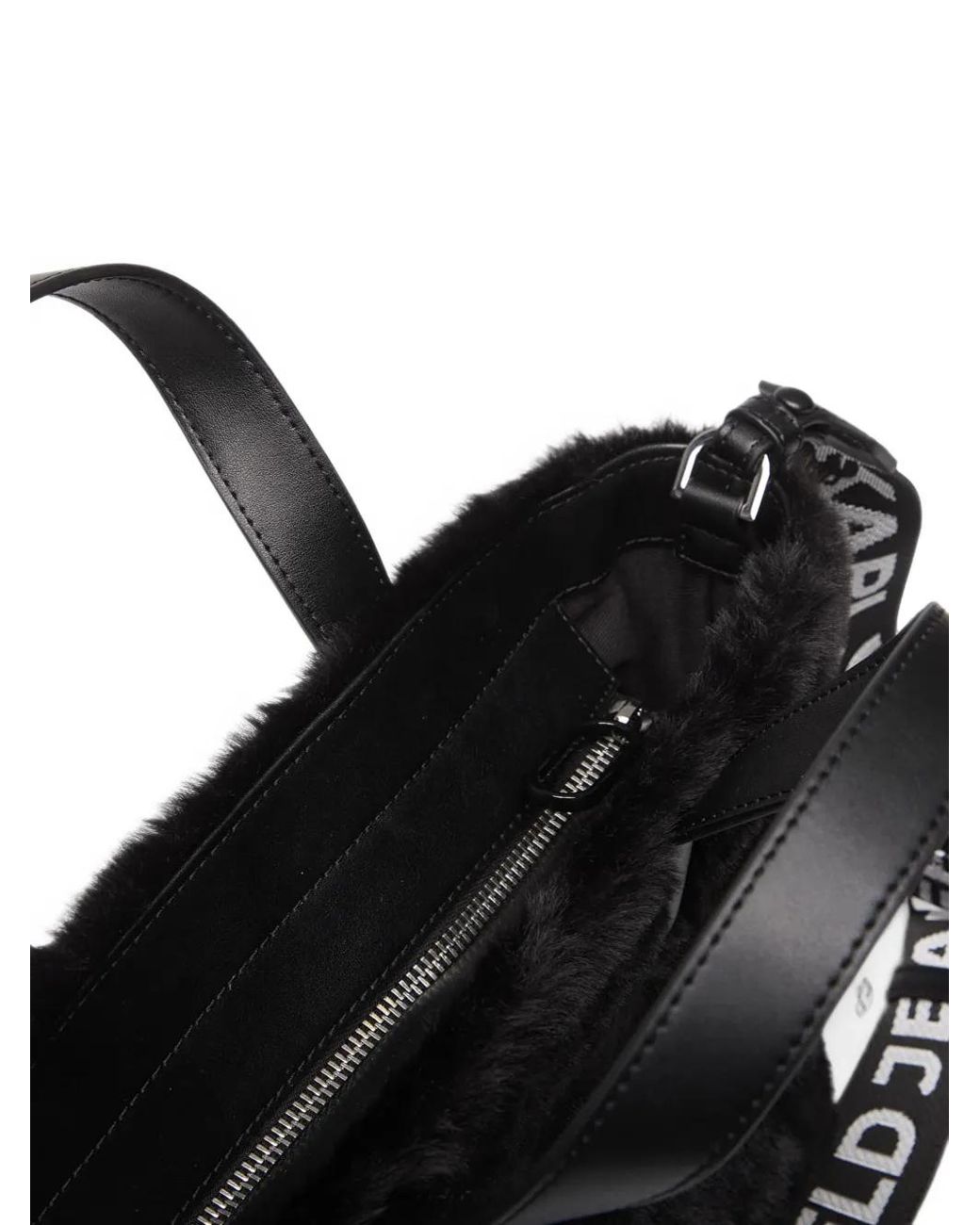Karl Lagerfeld Black Faux-Fur Logo-Strap Tote Bag