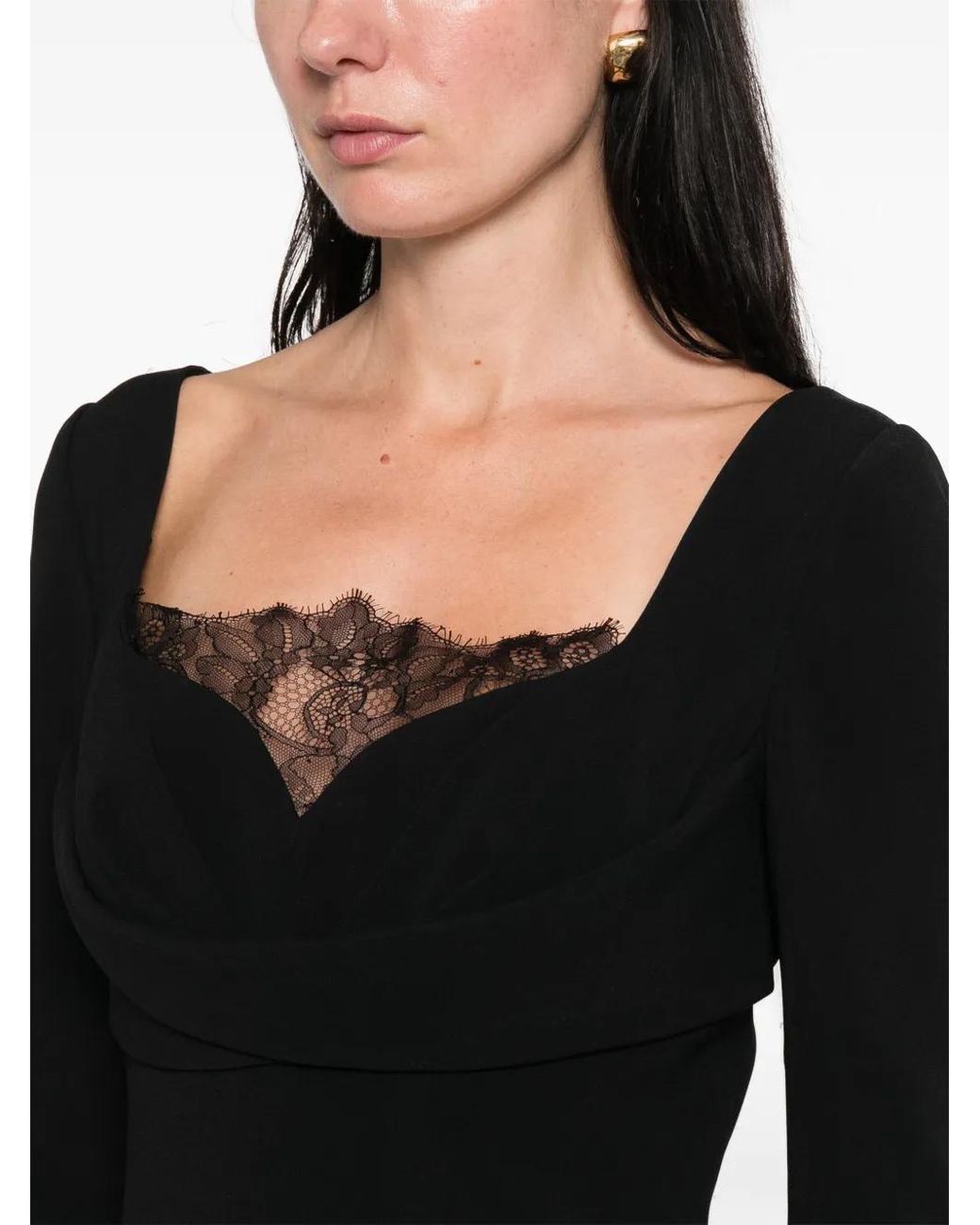 Elie Saab Black Cady Lace-Trim Draped-Detail Midi Dress
