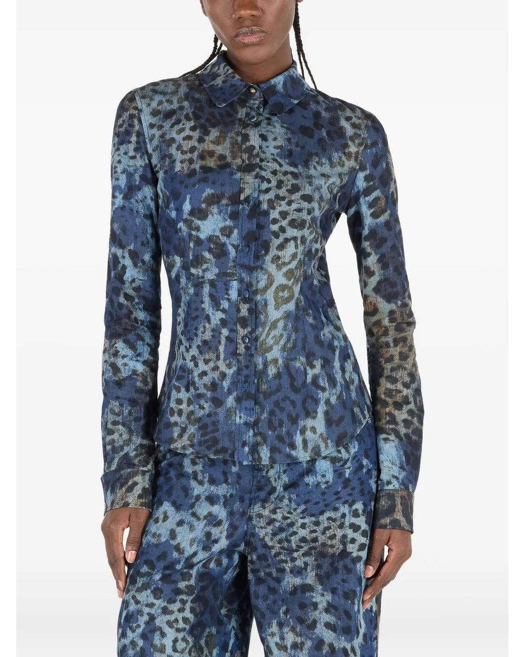 Roberto Cavalli Blue Leopard-Print Button-Up Shirt