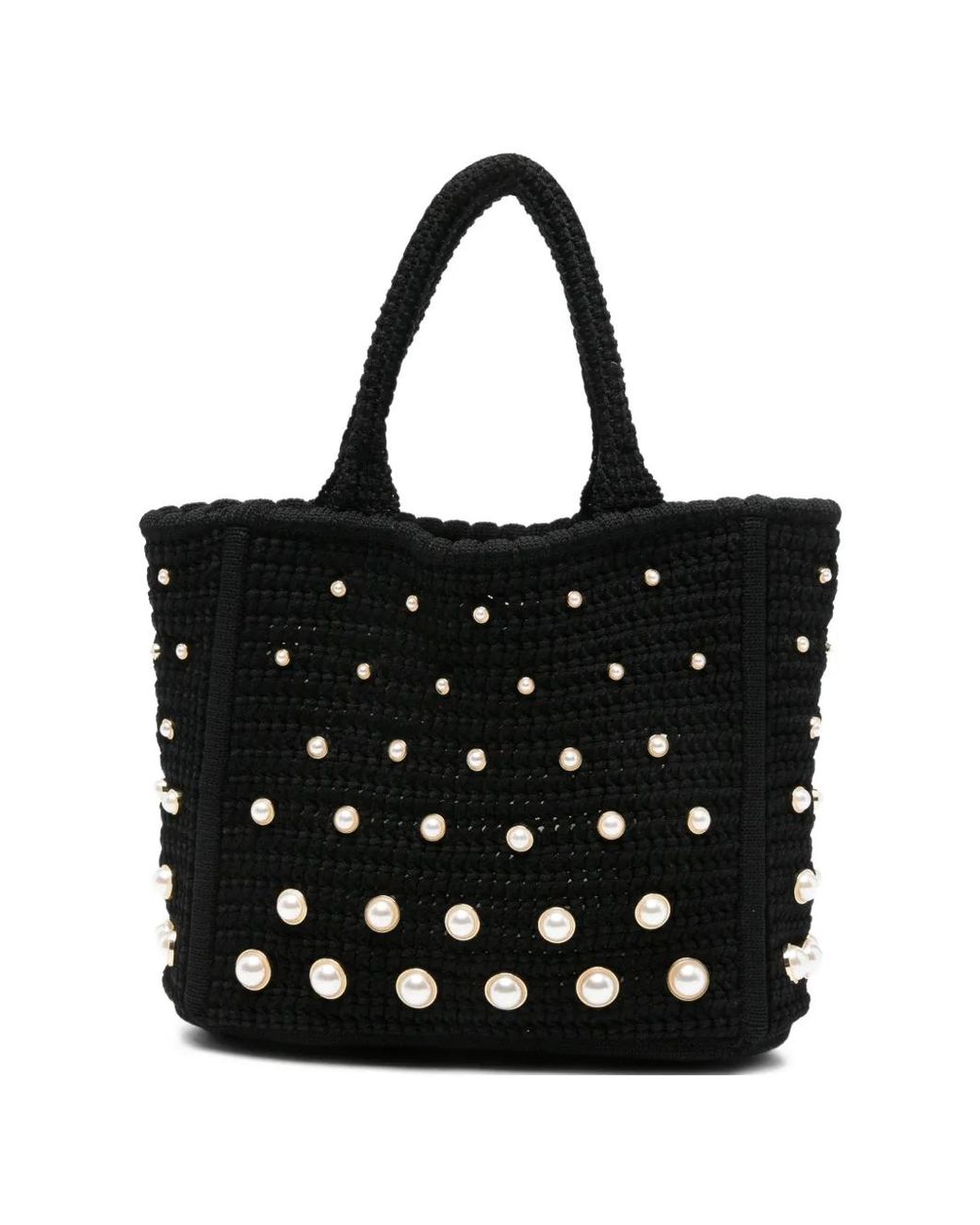 Sandro Black Pearl-Embellished Crochet Tote Bag