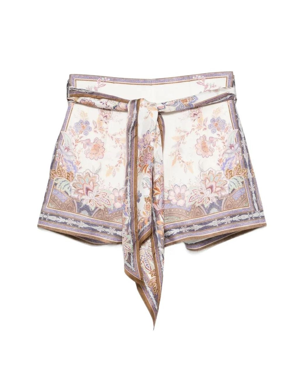 Zimmermann Natural Luna Floral-Print Belted Mini Shorts