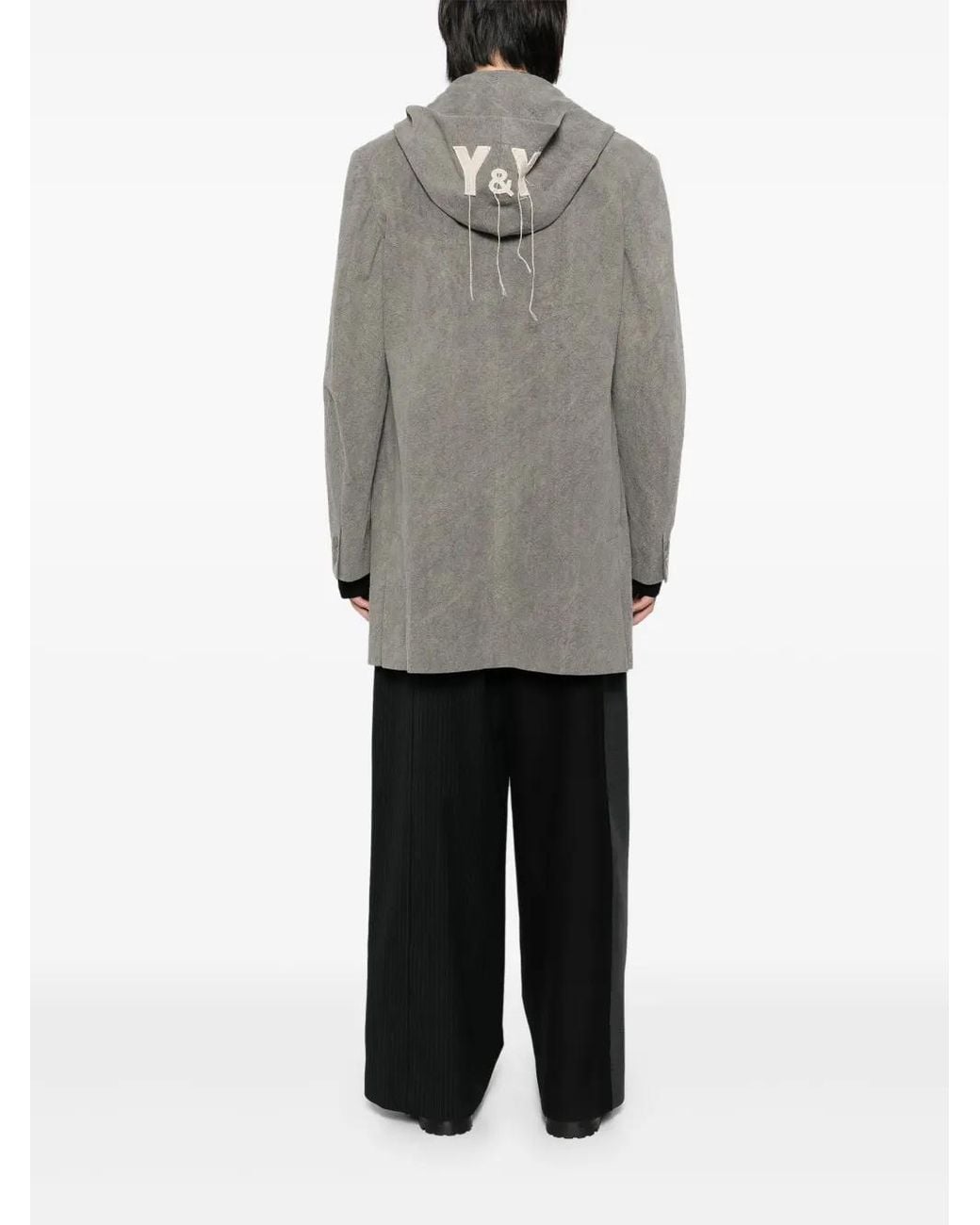 Yohji Yamamoto Gray Logo-Print Wool Hooded Jacket for men