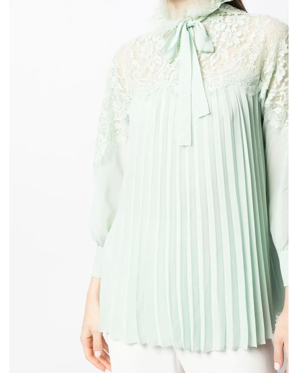 Shiatzy Chen Green Pleated Lace-Collared Blouse