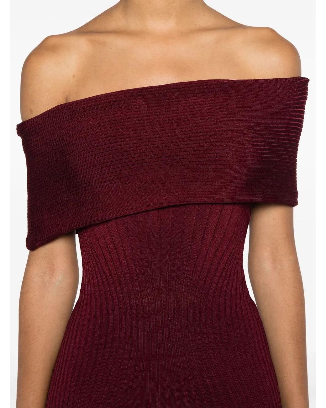Mugler Red Off-Shoulder Knit Dress