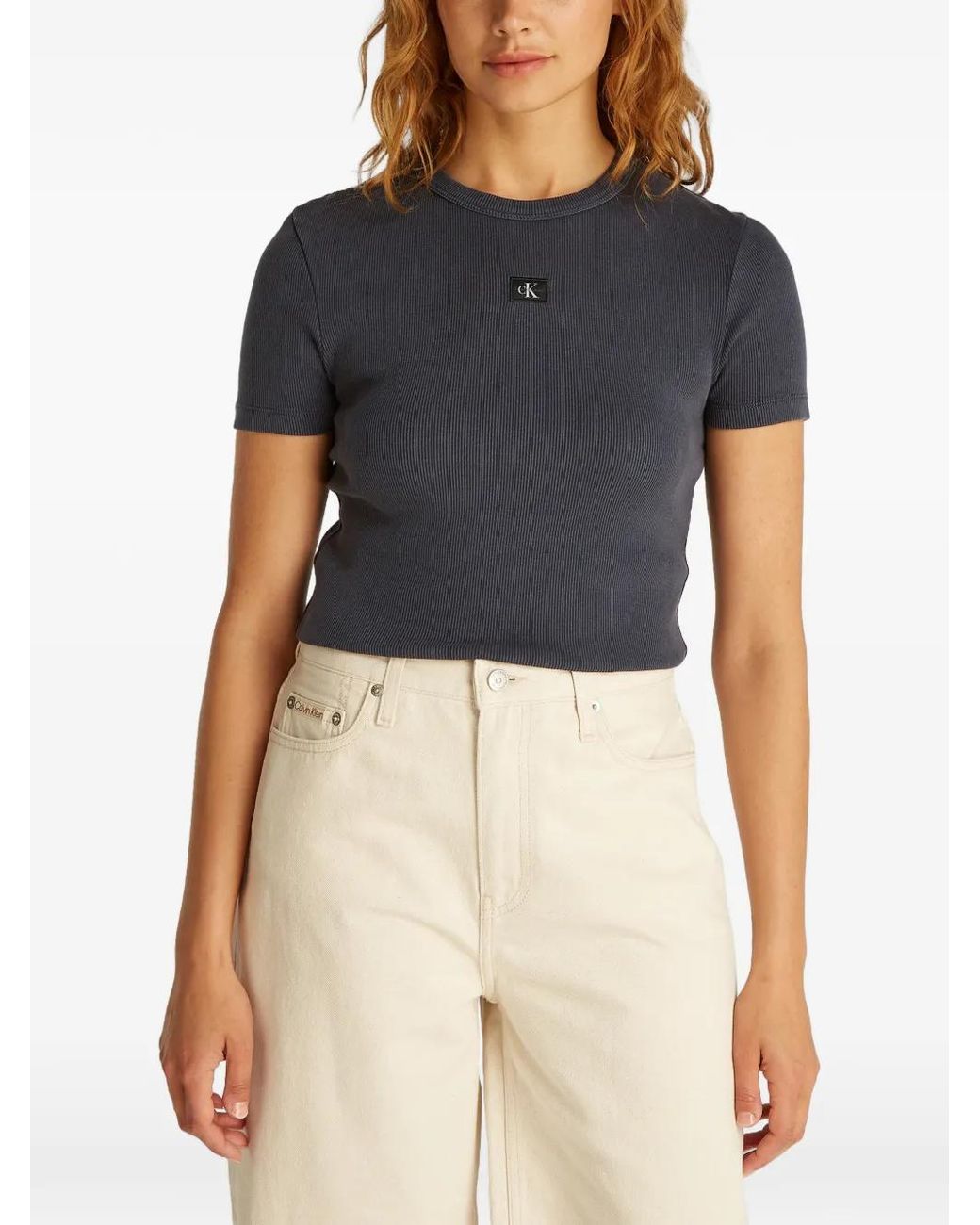 Calvin Klein Black Ribbed Logo-Patch T-Shirt