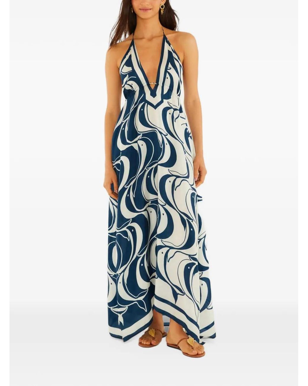 Farm Rio Blue Robe Longue Dos Nu À Imprimé Poisson