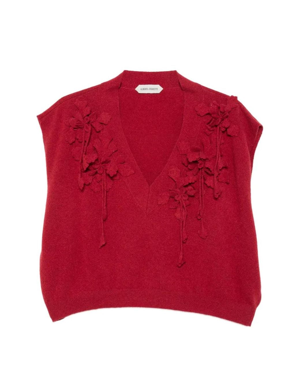 Alberta Ferretti Red Floral-Appliqué V-Neck Sweater