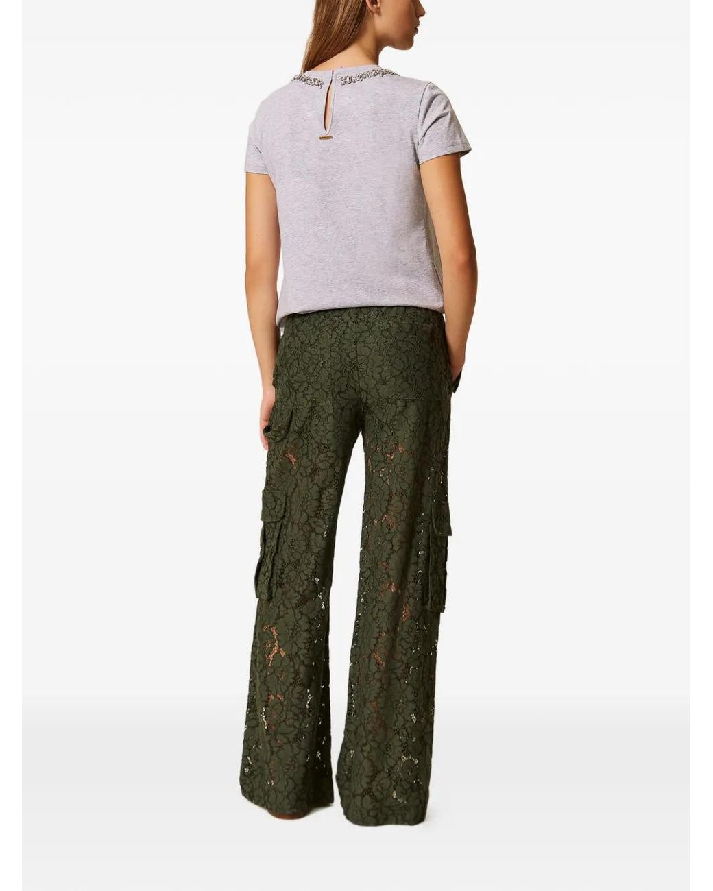 Twinset Green Rébrodé Lace Cargo Trousers