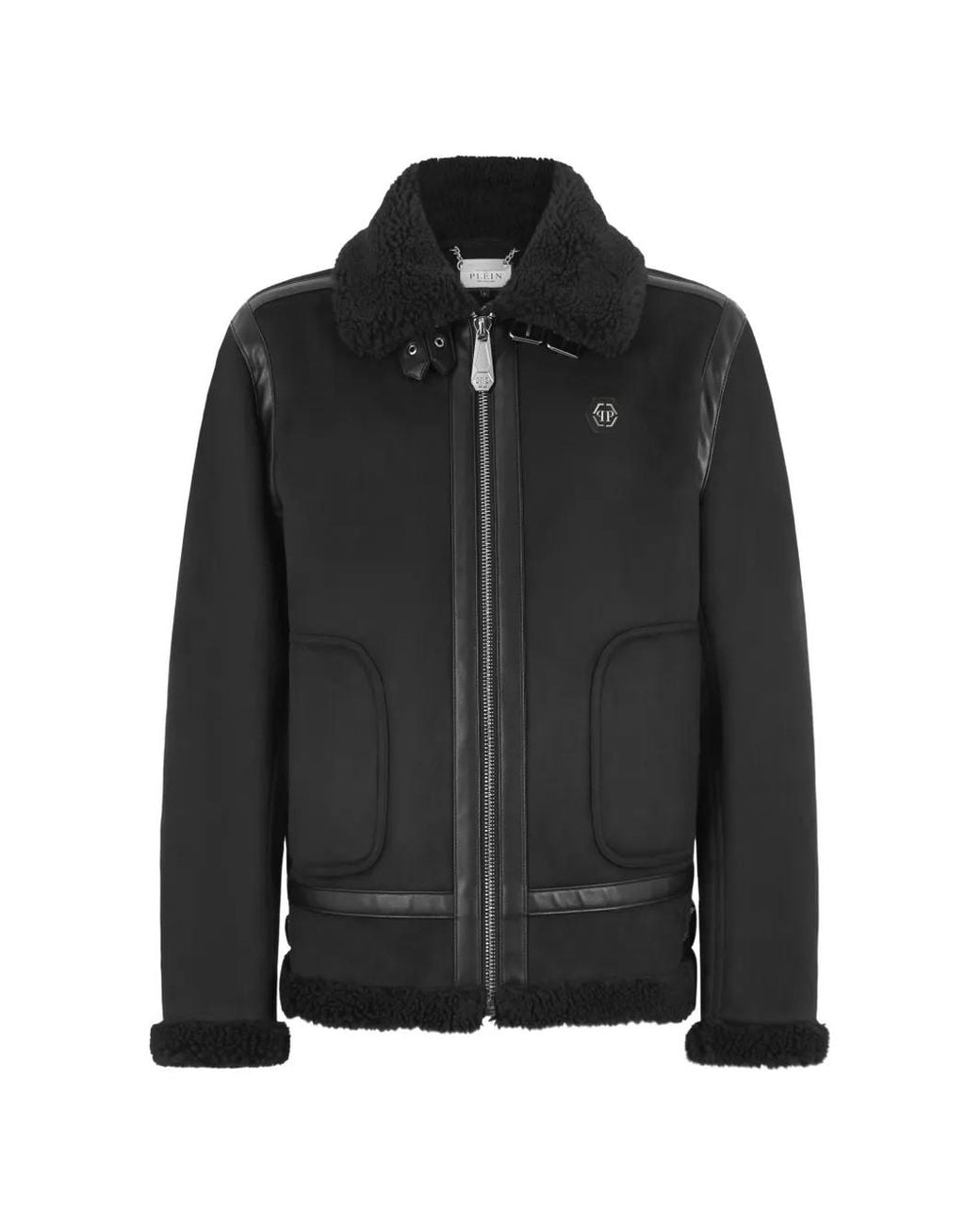 Philipp Plein Black Faux-Shearling Trimmed Jacket for men