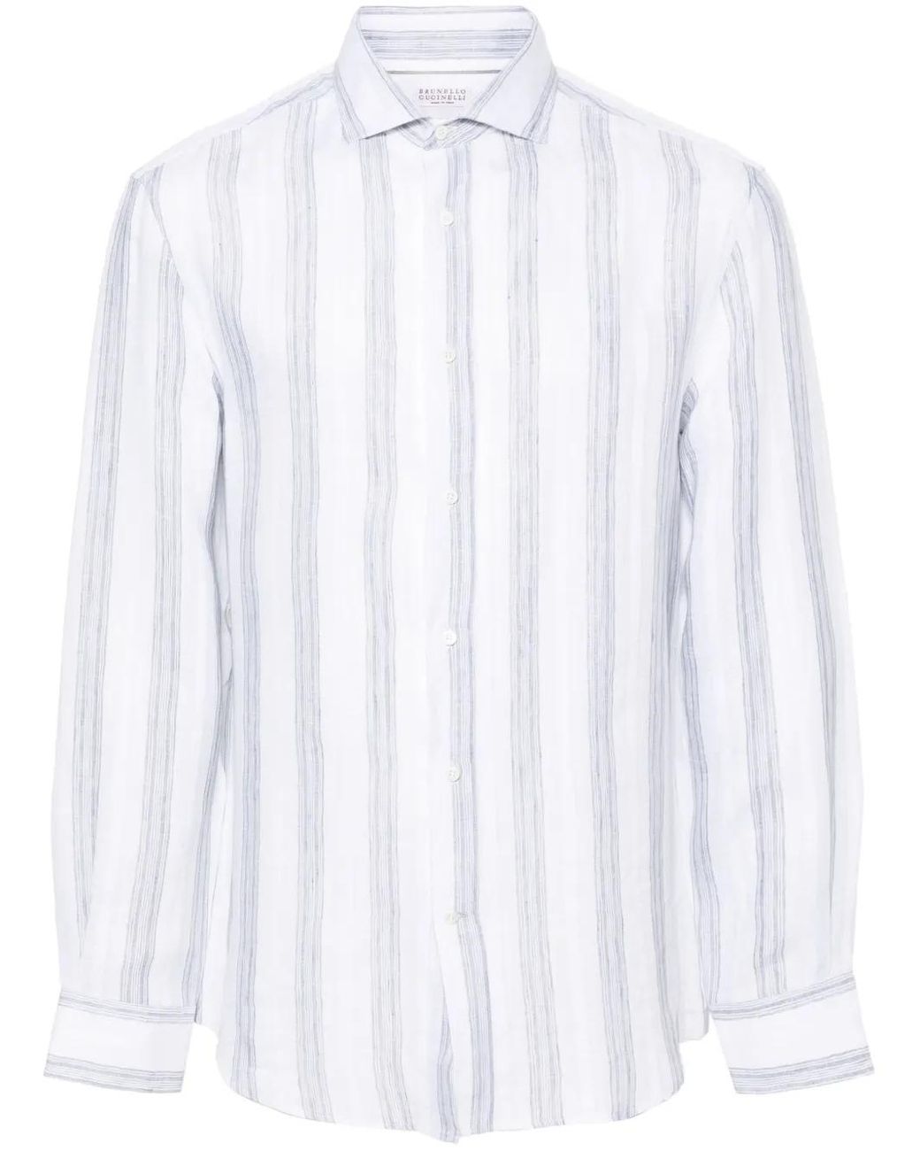 Brunello Cucinelli White Striped Linen Shirt for men