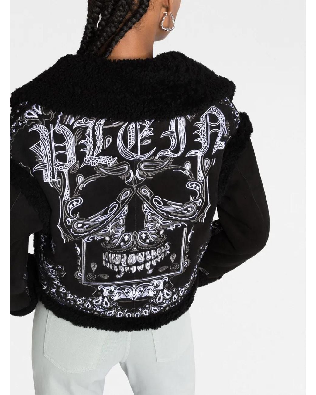 Philipp Plein Black Paisley Bandana Shearling Jacket