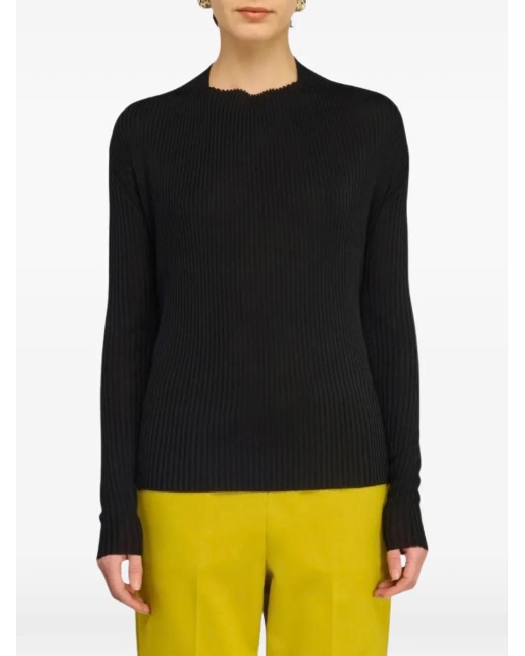 Semicouture Black Robertina Ribbed Scalloped-Trim Sweater