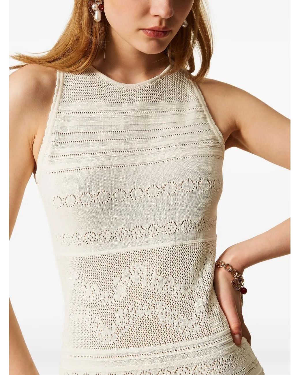 Twinset White Short Floral Knit Dress