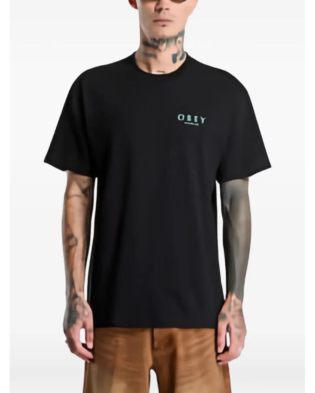 Obey Black Logo-Print Floral-Print T-Shirt for men