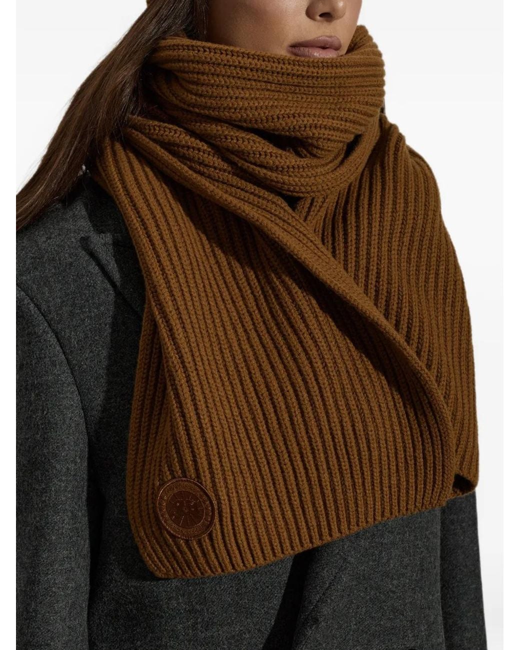 Canada Goose Brown Ribbed-Knit Logo-Patch Scarf